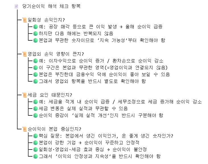 손익계산서 당기순이익 : 본업·영업외·세금 제외 후 순이익의 의미와 구조 15 당기순이익의 해석 시 체크 항목_