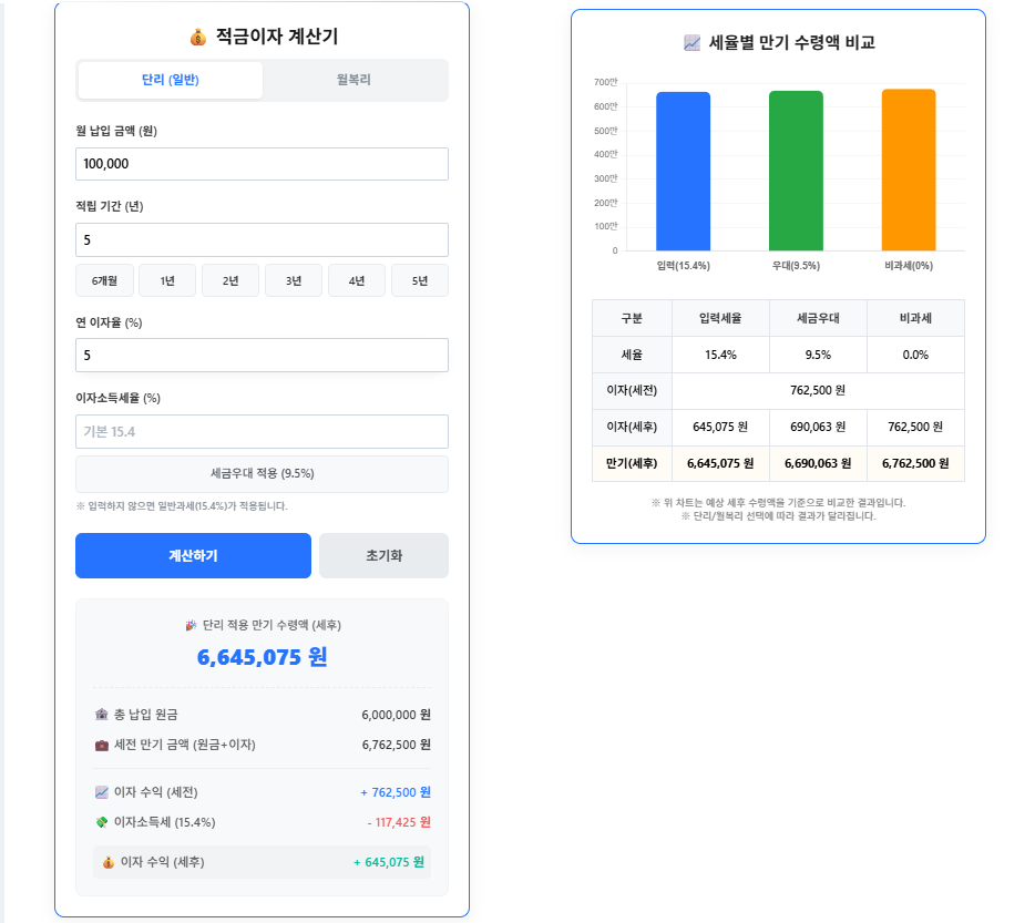 적금이자 계산기 사용 예시
